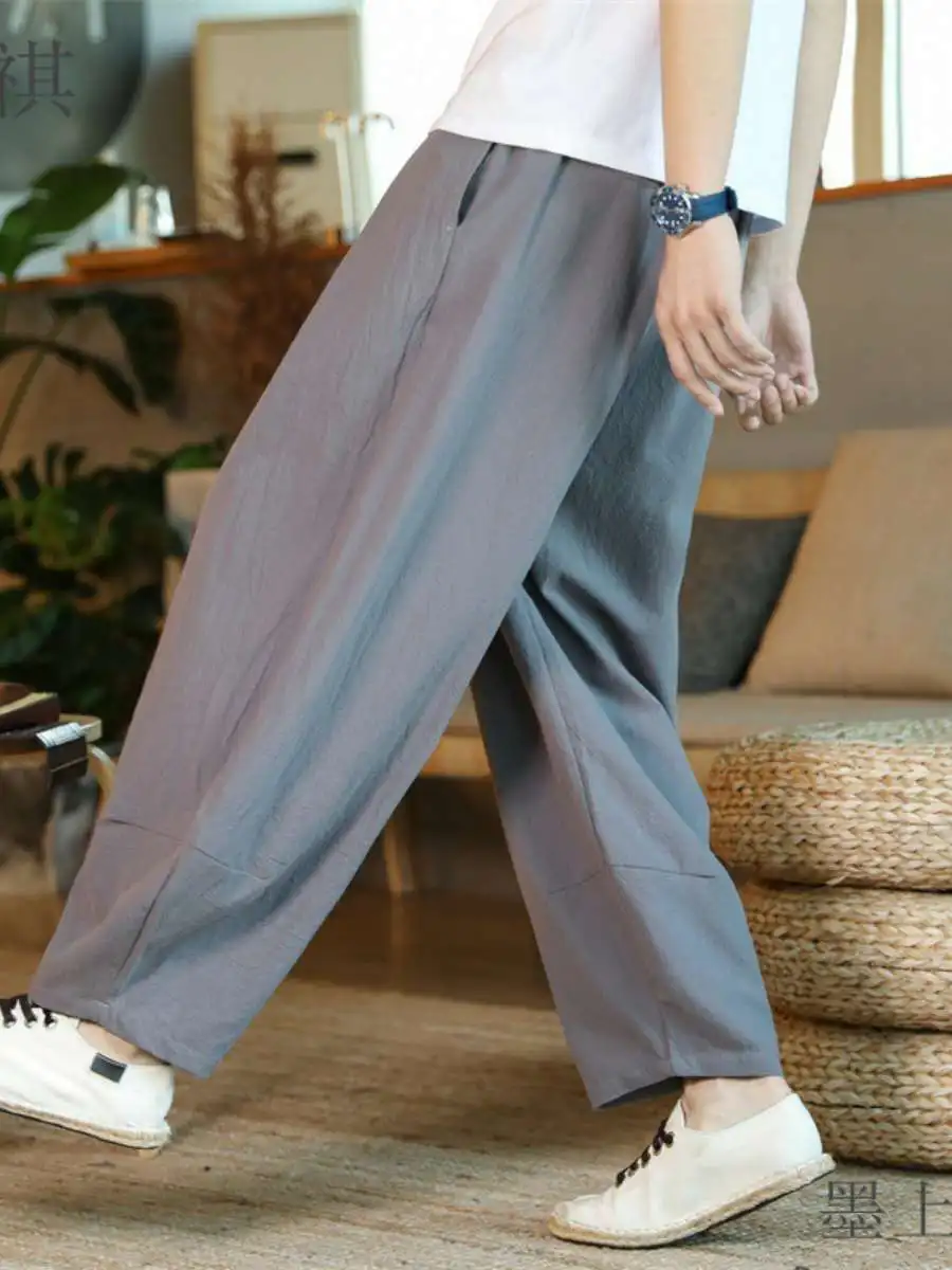 

Мужские летние брюки из хлопка и льна свободного кроя, широкие, прямые, повседневные, больших размеров, укороченные (до щиколотки), модные, брендовые, со средней посадкой, длинные