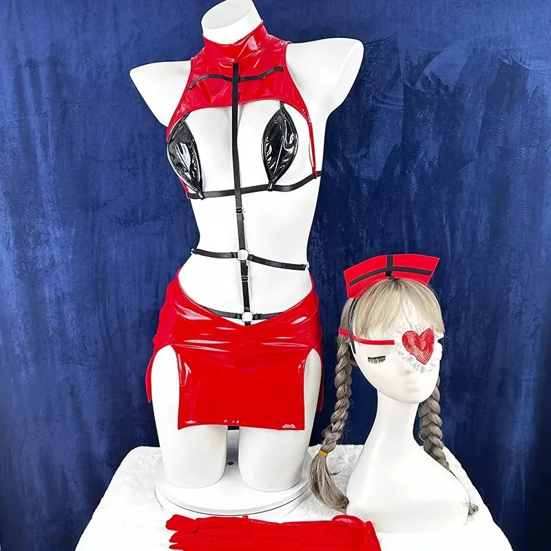 المثيرة مثير ممرضة تأثيري حلي الشرير الحلو ممرضة Uniorm مجموعة الملابس الداخلية الأحمر براءات الاختراع والجلود النساء ارتداءها هالوين ملابس للحفلات