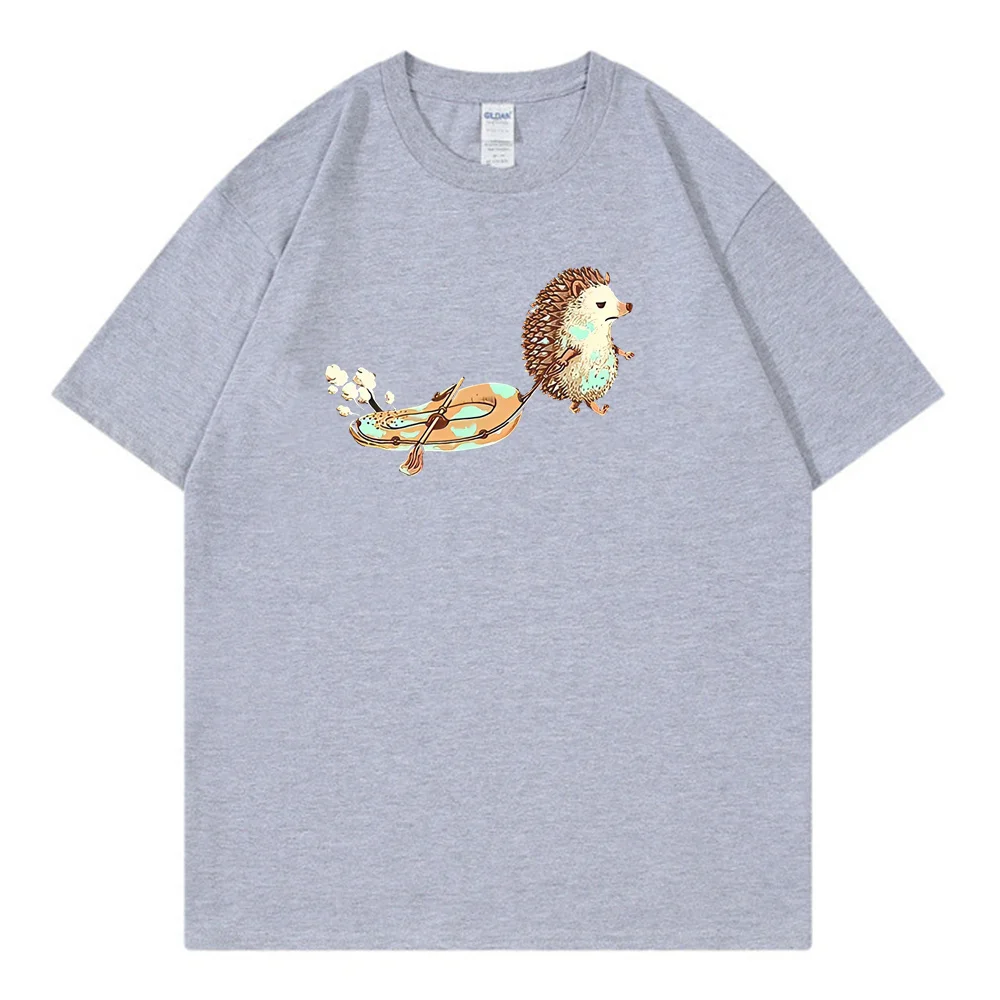 Pure cotton T-shirt 2024 Summer New Loose Fashion Brand Cute Little Hedgehog Printed Comfortable Short sleeved Men\'s T-shirt