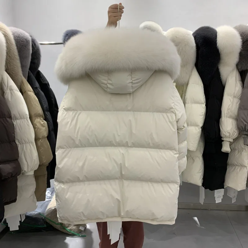 Winter Clothes for Women New 90 White Duck Down Thick Warm Gutless Long Down Coats Fox Big Fur Collar Casual Loose Hooded Parka