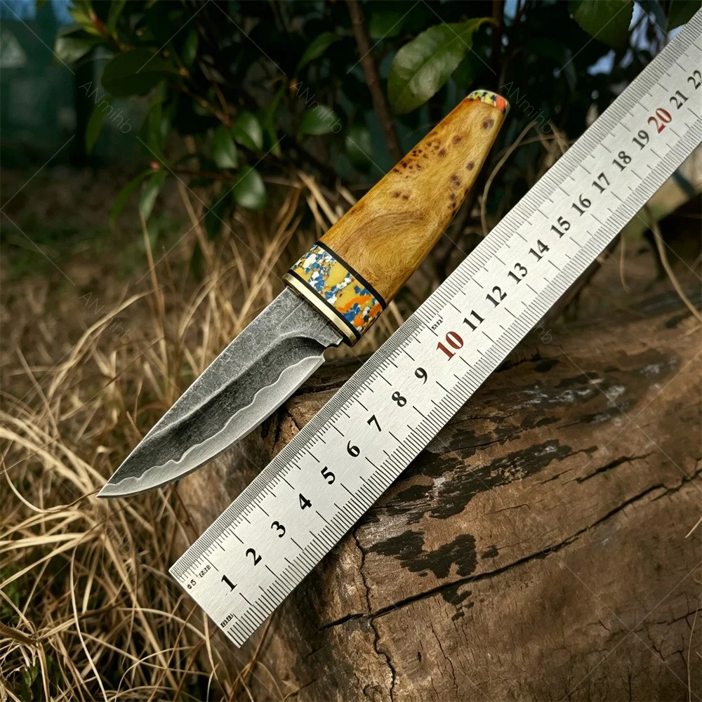 Outdoor Straight Knife for Jungle Camping. Composite Steel Fixed Blade. White Shadow Wood Handle and Sheath Knife Hand Tools