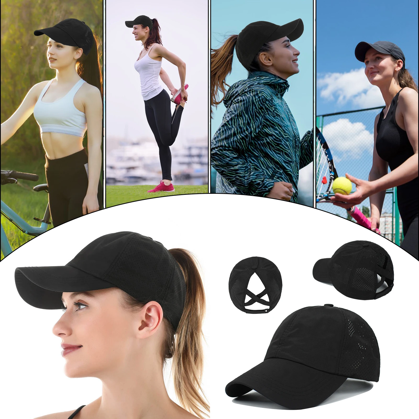 Ponytail Baseball Cap, Adjustable Breathable Criss Cross Mesh Quick Drying Messy High Bun Ponycap Hat