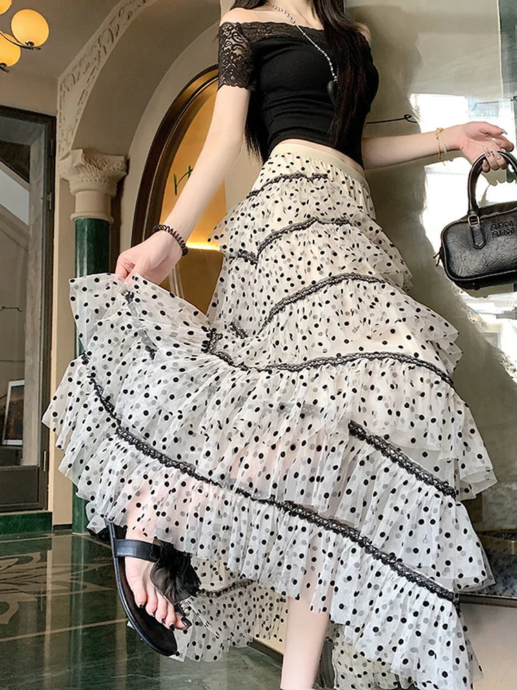 Spring Summer 2026 Polka Dot Mesh Cake Skirt Women's plus Size Multi Layer Splicing Midi Umbrella Skirt Skin Friendly Breathable