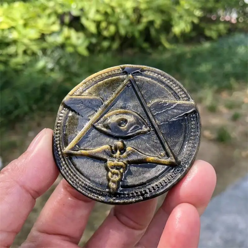 Natural Golden And Silver Obsidian All-seeing Eye Carving Gemstone Reiki Healing Stone Home Decor Christmas Holiday Gift 1pcs