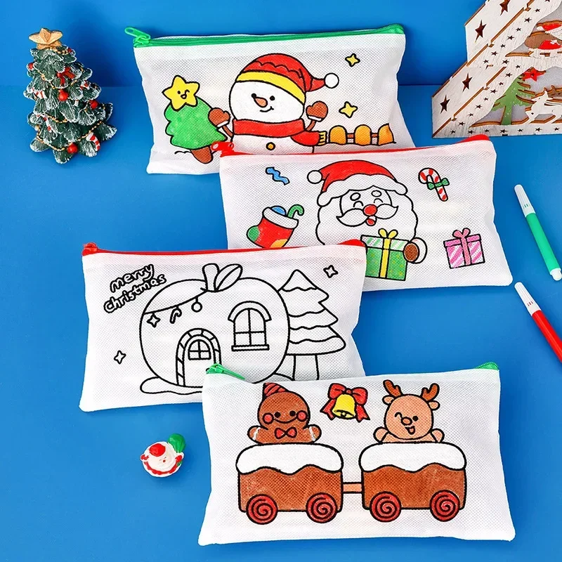 4Pcs Cartoon Snowman Santa Claus Painting Graffiti Pencil Case DIY Art Toys for Kids Christmas Theme Party Favors School Rewards