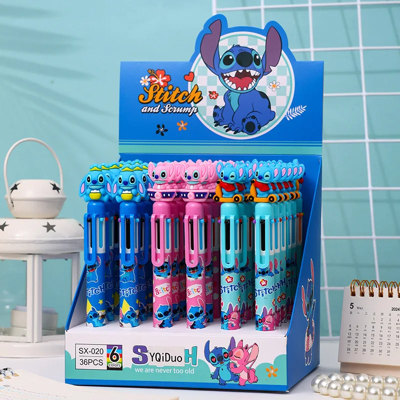 6/36pcs Disney Stitch 6 Colors 0.7 Ballpoint Pen Cartoon Color Diy Handbook Pen Student Key Marker Stationery Gift