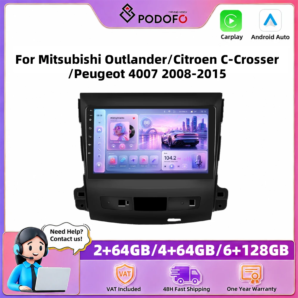 Autoradio Podofo 9 pouces, Carplay sans fil, Android Auto, systèmes intelligents pour voiture, navigation GPS, lecteur multimédia, MirrorBT Link, WIFI, unité principale pour Mitsubishi Outlander/Citroën C-Crosser/Peugeot 4007 2008-2015