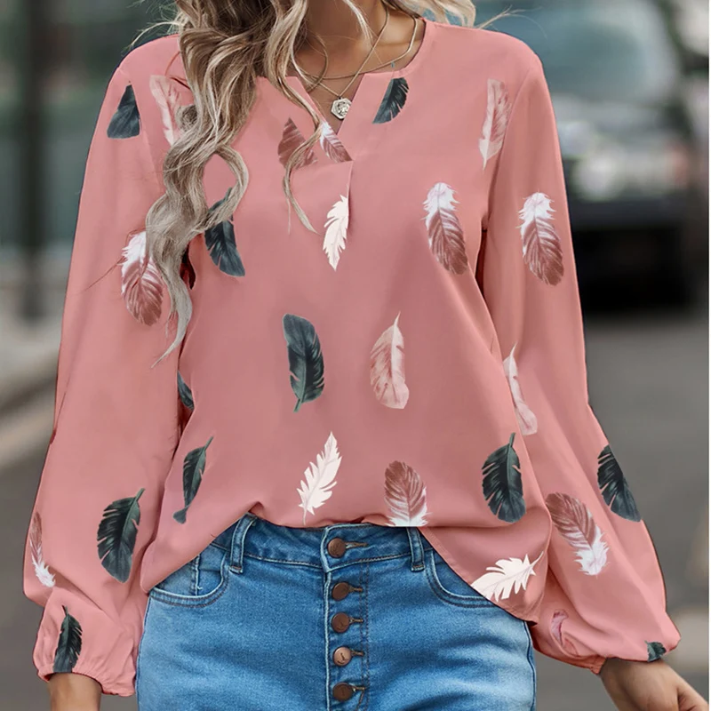 Chemisiers pour femmes Vintage plume imprimé col en v T-Shirt à manches longues coupe ample Blouse hauts Boho Chic femme mode chemises décontractées