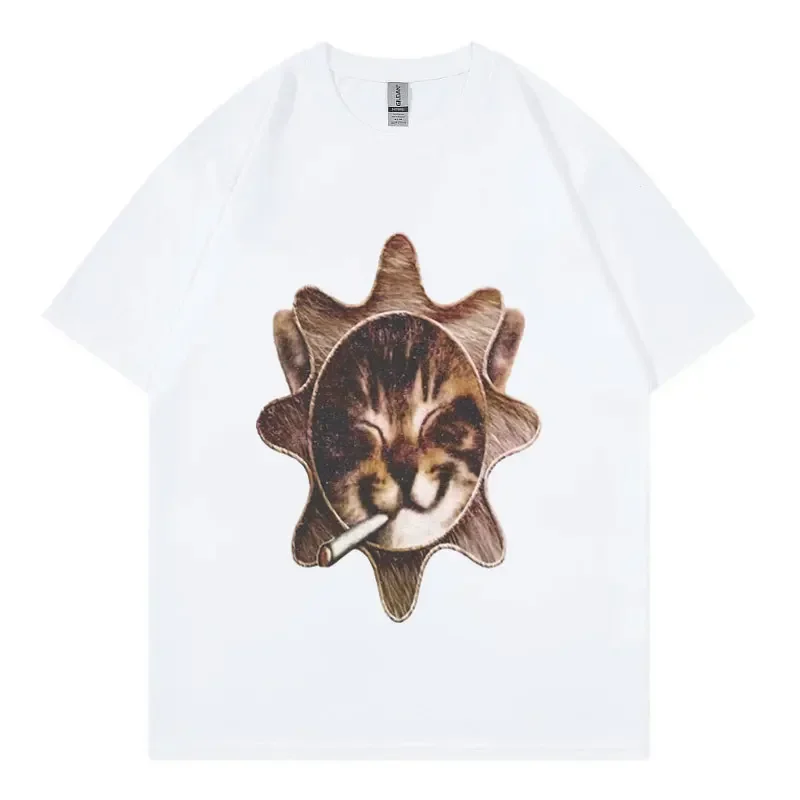 

Men's cartoon sun cat pattern printed 100% pure cotton short-sleeved T-shirt, fashionable, trendy and retro streetwear