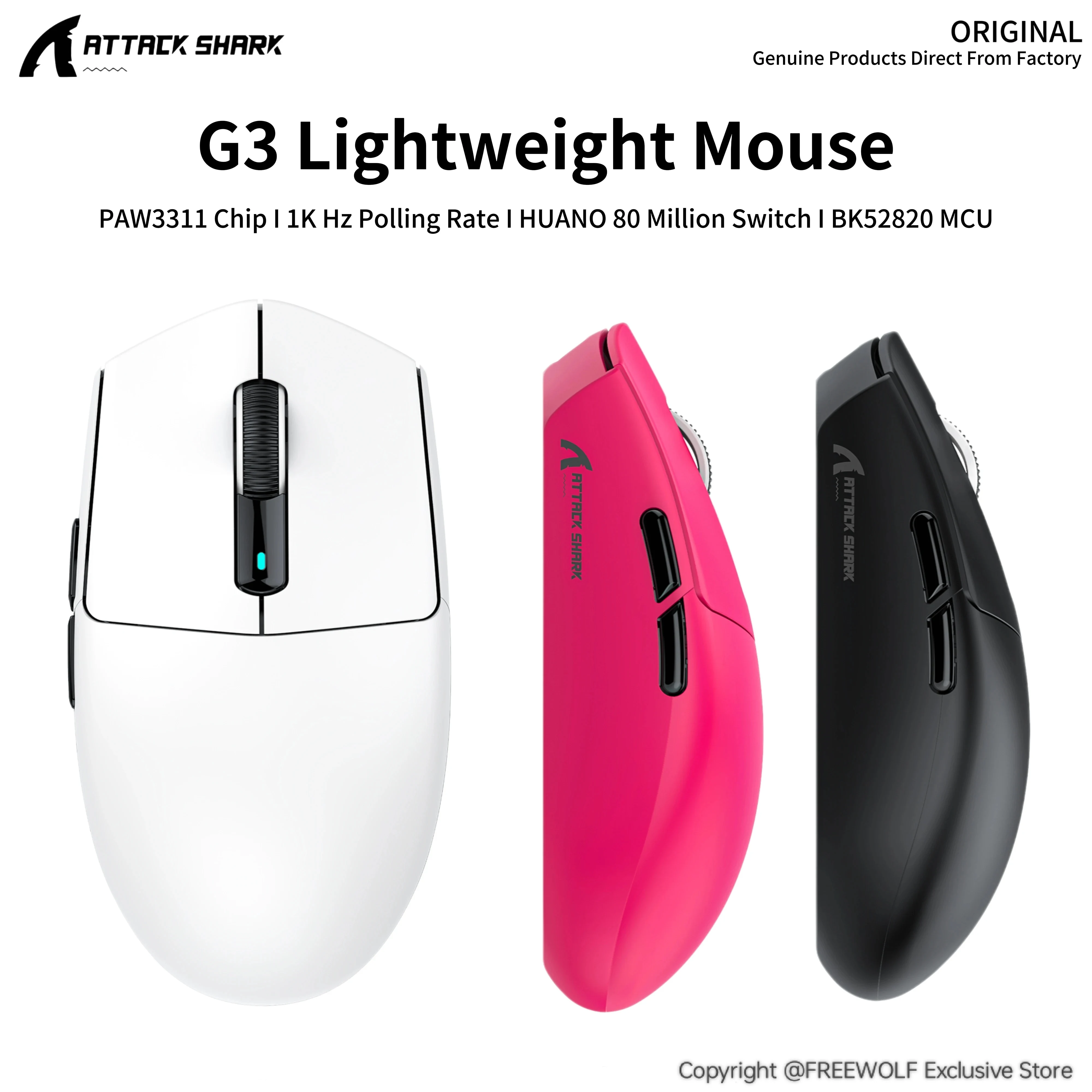 

G3 Lightweight Mouse Supports Three Connection Modes,ATTACK SHARK PAW3311 Chip,1000Hz Polling Rate,80 Million Switch,BK52820 MCU
