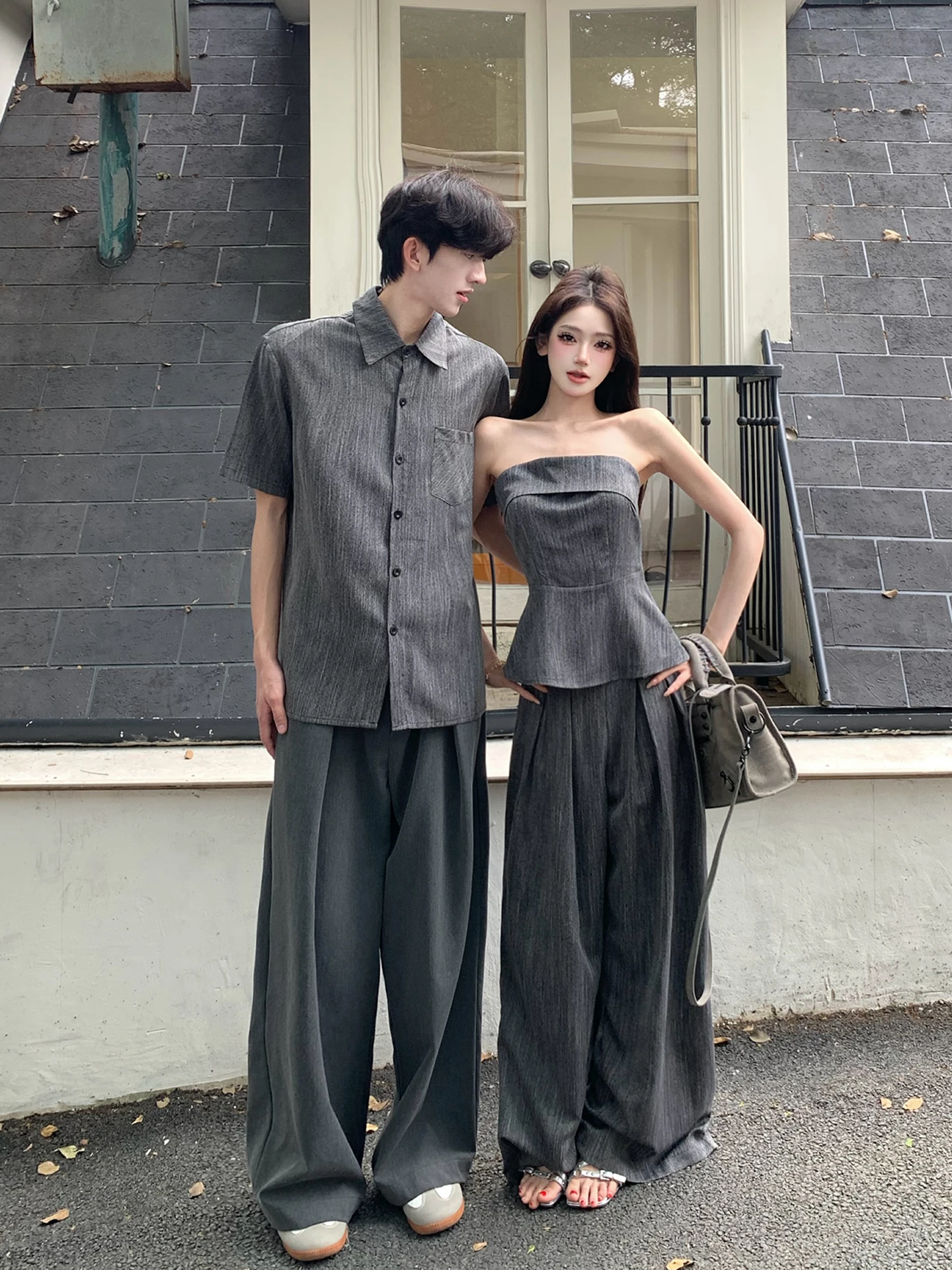 Elegant Slimming Couple Matching Summer Shirt Short Sleeve Straight Leg Wide Leg Pants Set High Waist Loose Fit Tube Top
