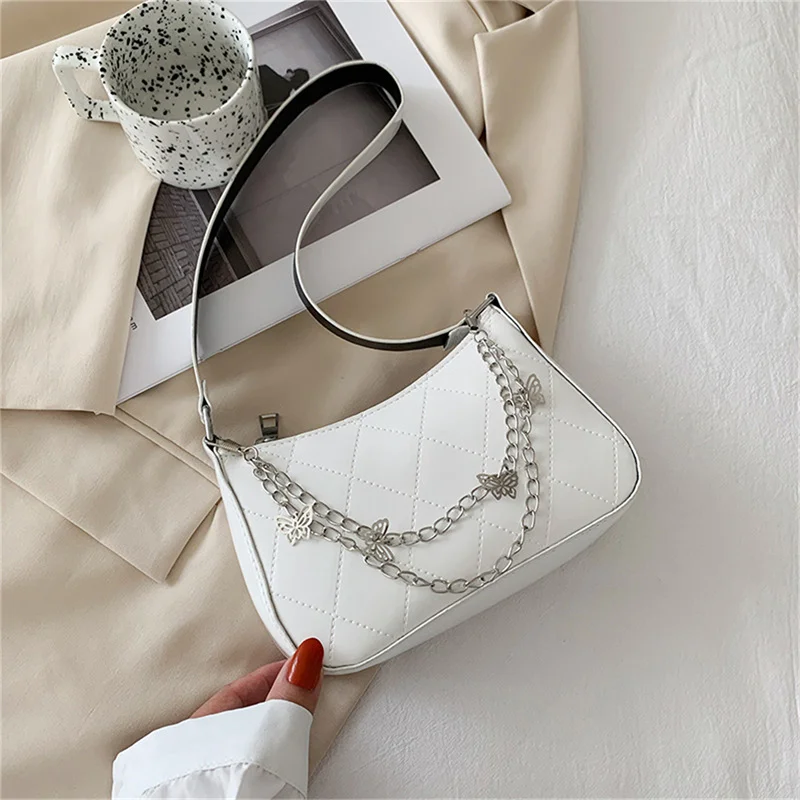 Women PU Leather Shoulder Underarm Bags Trendy Vintage Butterfly Chain Pure Color Zipper Handbag