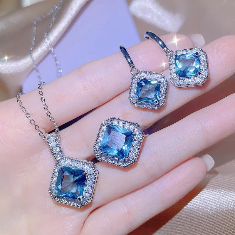 Classic High Quality Blue Gemstone Square jewelry sets Necklace Ring 925 silver Charm AAAAA Zirconia Earrings for Women