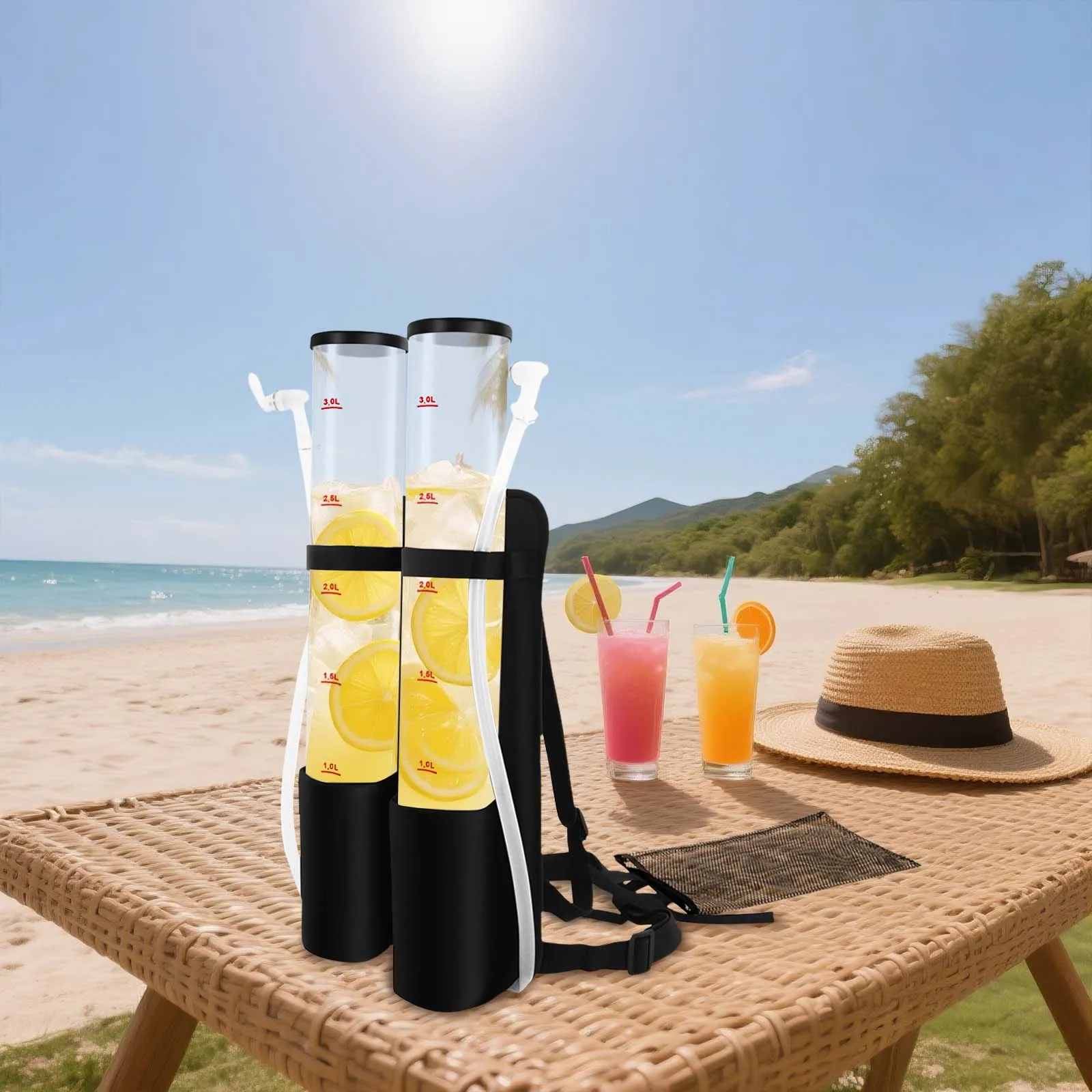 

Double Barrel Backpack Beer Dispenser, 3L + 3L Acrylic Portable Draft System, Black & Clear Keg with Faucets & Hoses for Camping