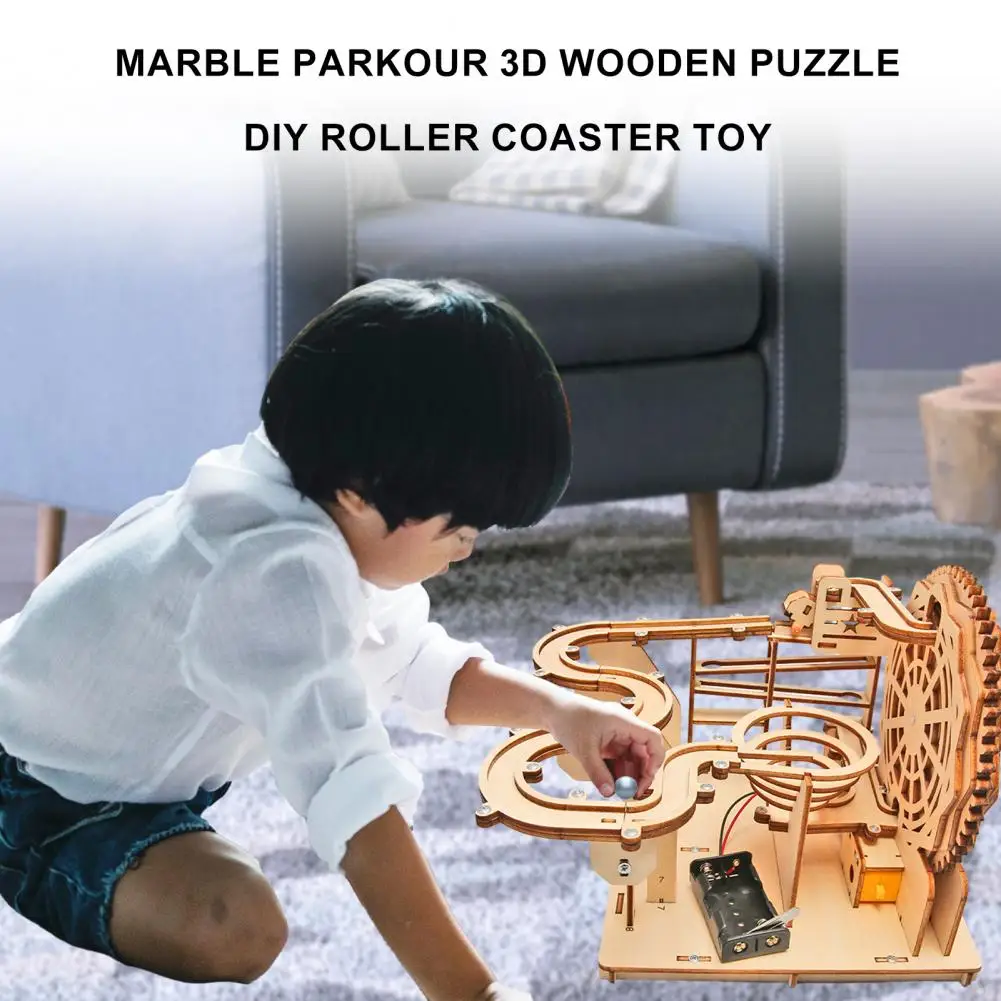 Wooden Puzzle Kit Electric Rolling Ball Track 3d Wooden Puzzle Toy for Adults Kids Diy Handmade Stem Educational Assembly Toy