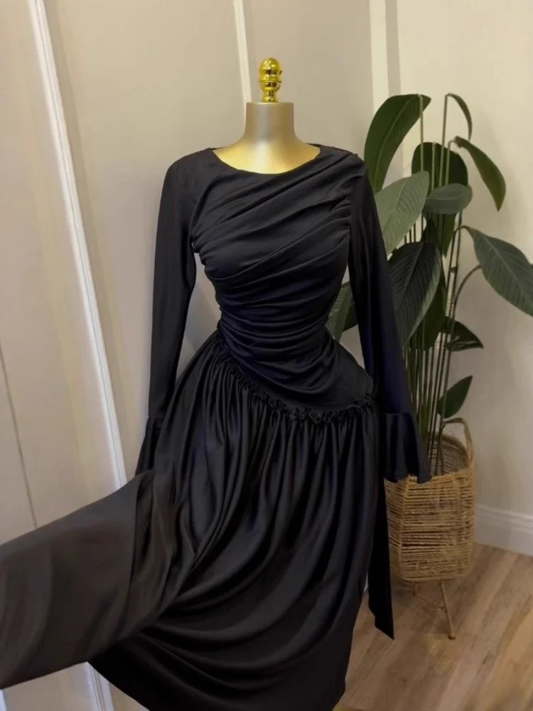 เดรสผู้หญิง Wmstar ขายส่ง เดรสแขนยาวสีดำ จับจีบ ดีไซน์หรูหรา กระชับและหวานละมุน เดรสแขนยาว จัดส่งแบบดรอปชิปปิ้ง