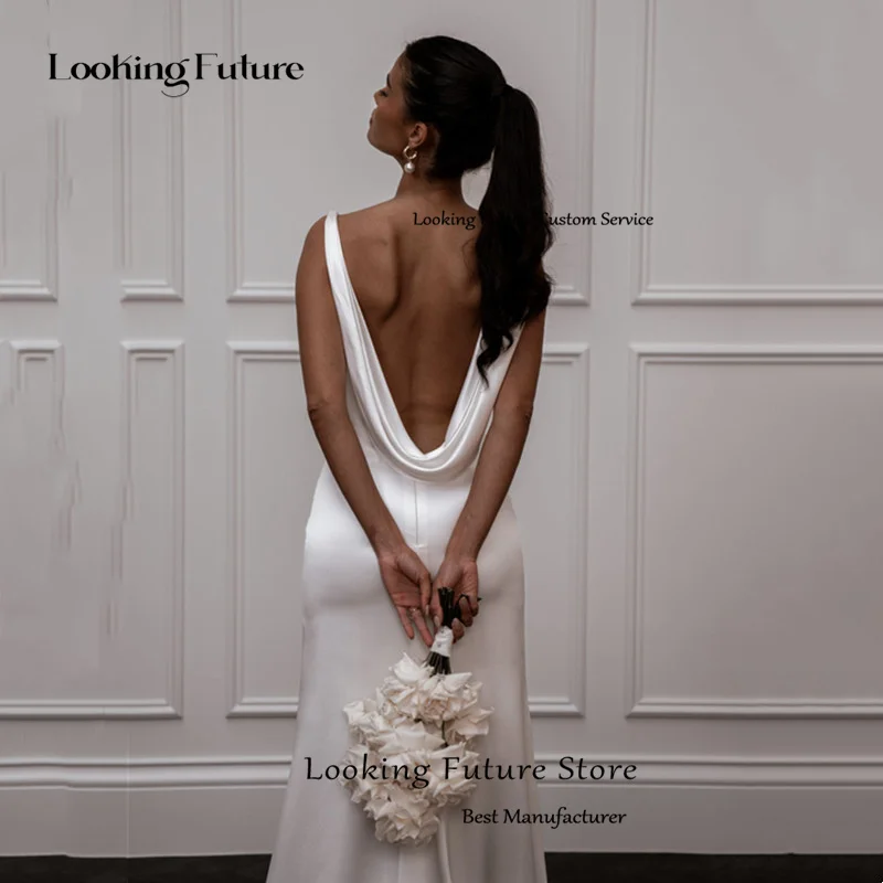 Simple Mermaid Satin Wedding Dress Elegant Sleeveless Pleat Spaghetti Straps Bridal Gowns Sexy Backless Square Collar Customized