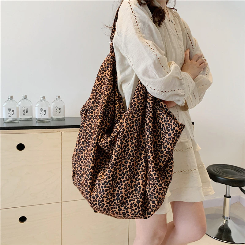 Oversize Large Capactiy Storage Shopping Bag Fashion Women Shoulder Bag Vintage Leopard Nylon Handbag Tote Simple Shopper Bag