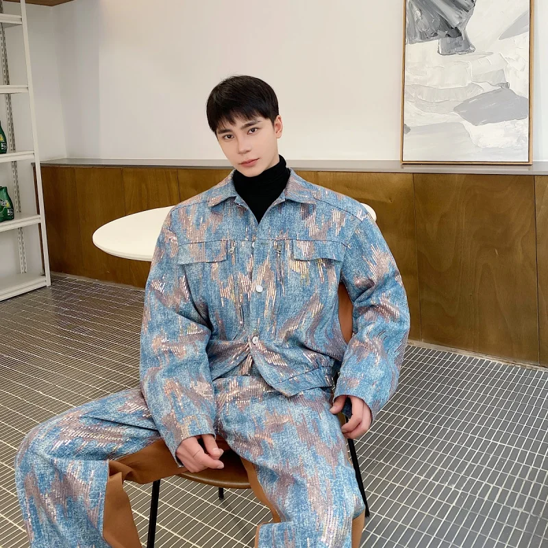 

Fall Faion ort Denim Jaet Men's Glitter Outerwear High Waist Long Pants Street Sle Youth Long Sve Outfit Set