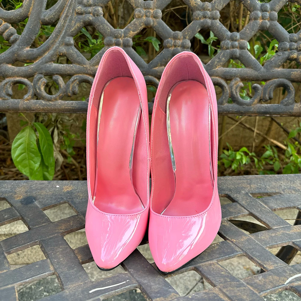 

На заказ, экстремальные металлические туфли на высоком каблуке 16 см, пикантные женские блестящие розовые туфли-лодочки с острым носком, фетиш-модельная обувь унисекс, большие размеры 46