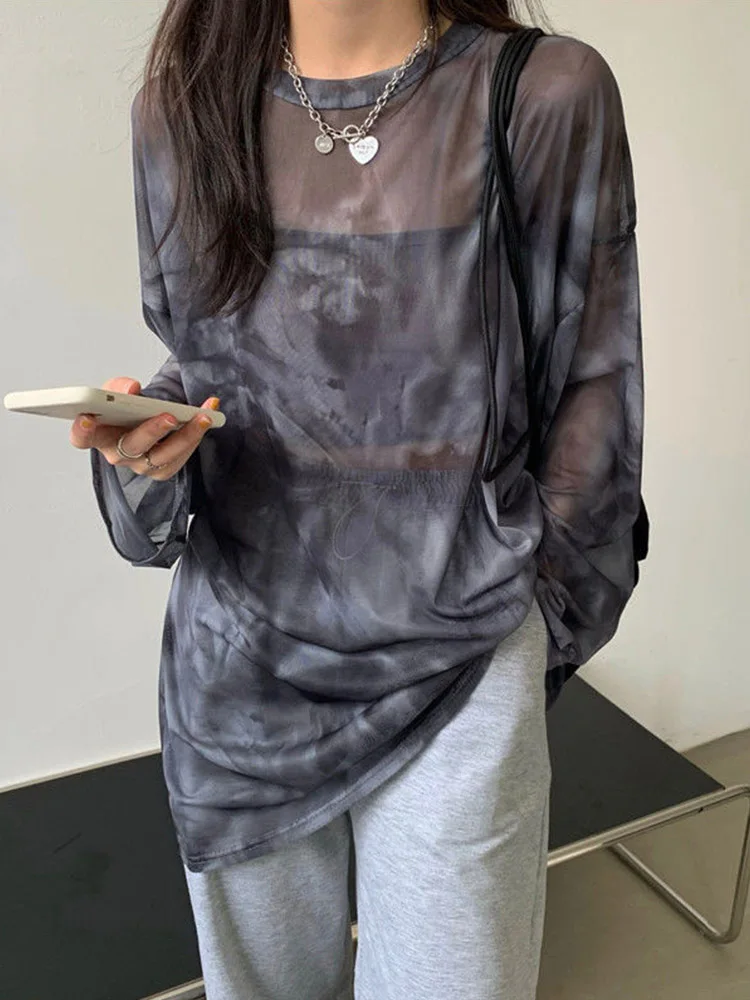 T-shirt Frauen Tie Dye Langarm Damen Frühling Lose High Street Stilvolle Dünne Freizeit Minimalistischen Harajuku Ins Komfortable Chic