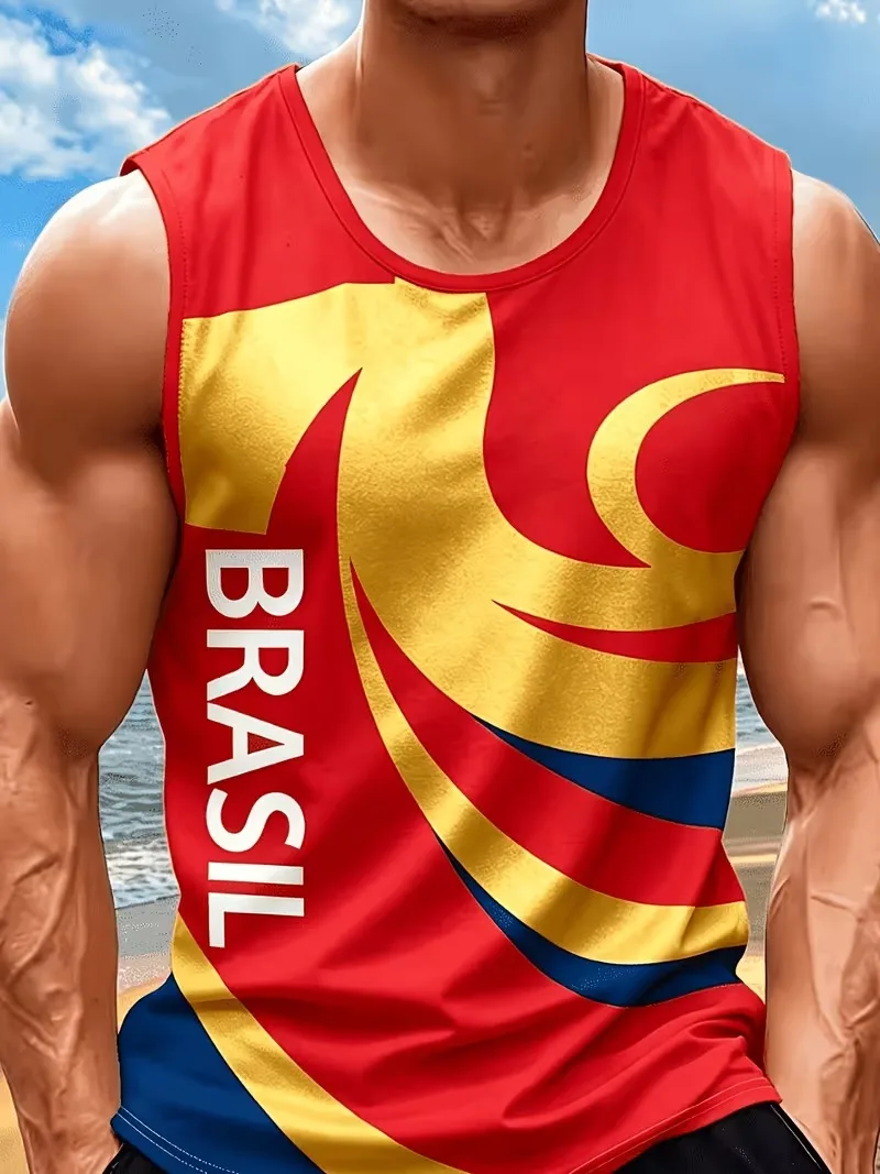 Trendy hot selling curved wave Brazilian letter printed men's sleeveless fitness vest fashion sports T-shirt daily Men clothing