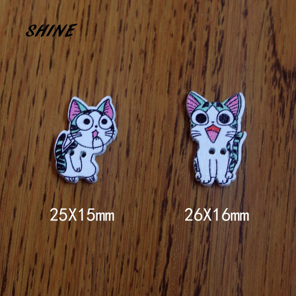 30PCs Wooden Sewing Buttons Scrapbooking Lovely Cat Two Holes Five Shapes Mixed Costura Botones Decorate bottoni botoes