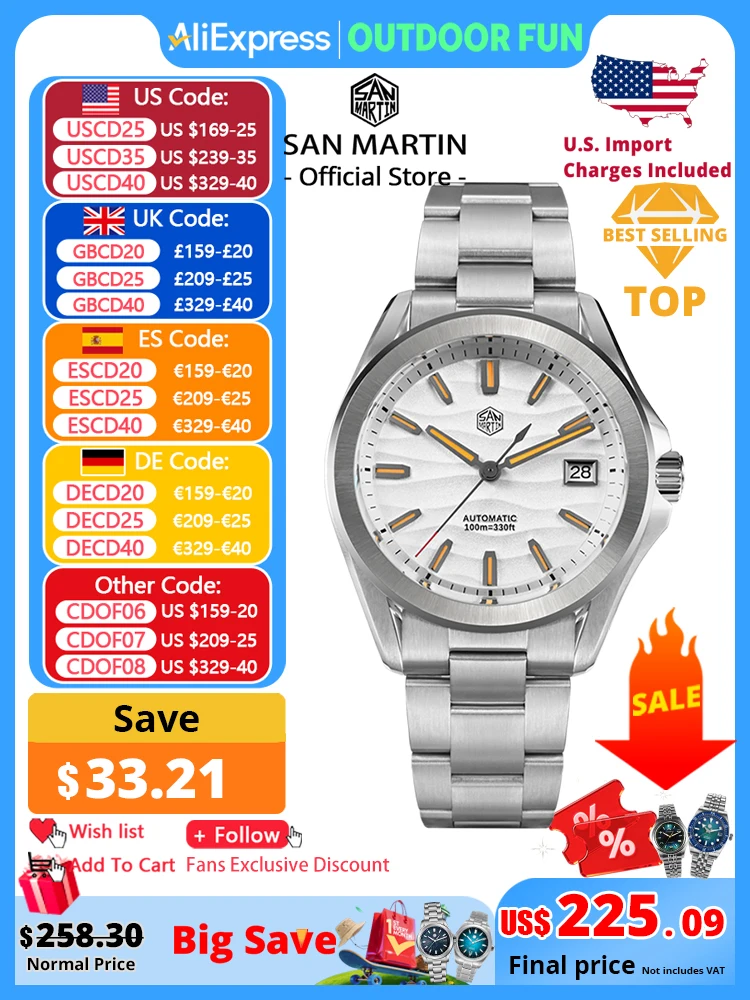 

San Martin 39mm Gada Fashion Men Dress Watch Orange Luminous NH35 Automatic Mechanical Business Watches Waterproof SN0129 Reloj