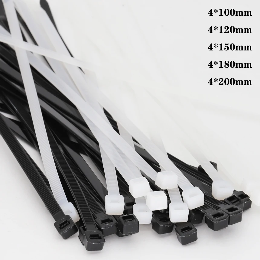 4*100/120/150/180/200mm 3.2/3.6mm Width White Black Wire Self-Lock Nylon Plastic Strap Wrap Ziptie Bundle Zip Ties Cable Tie