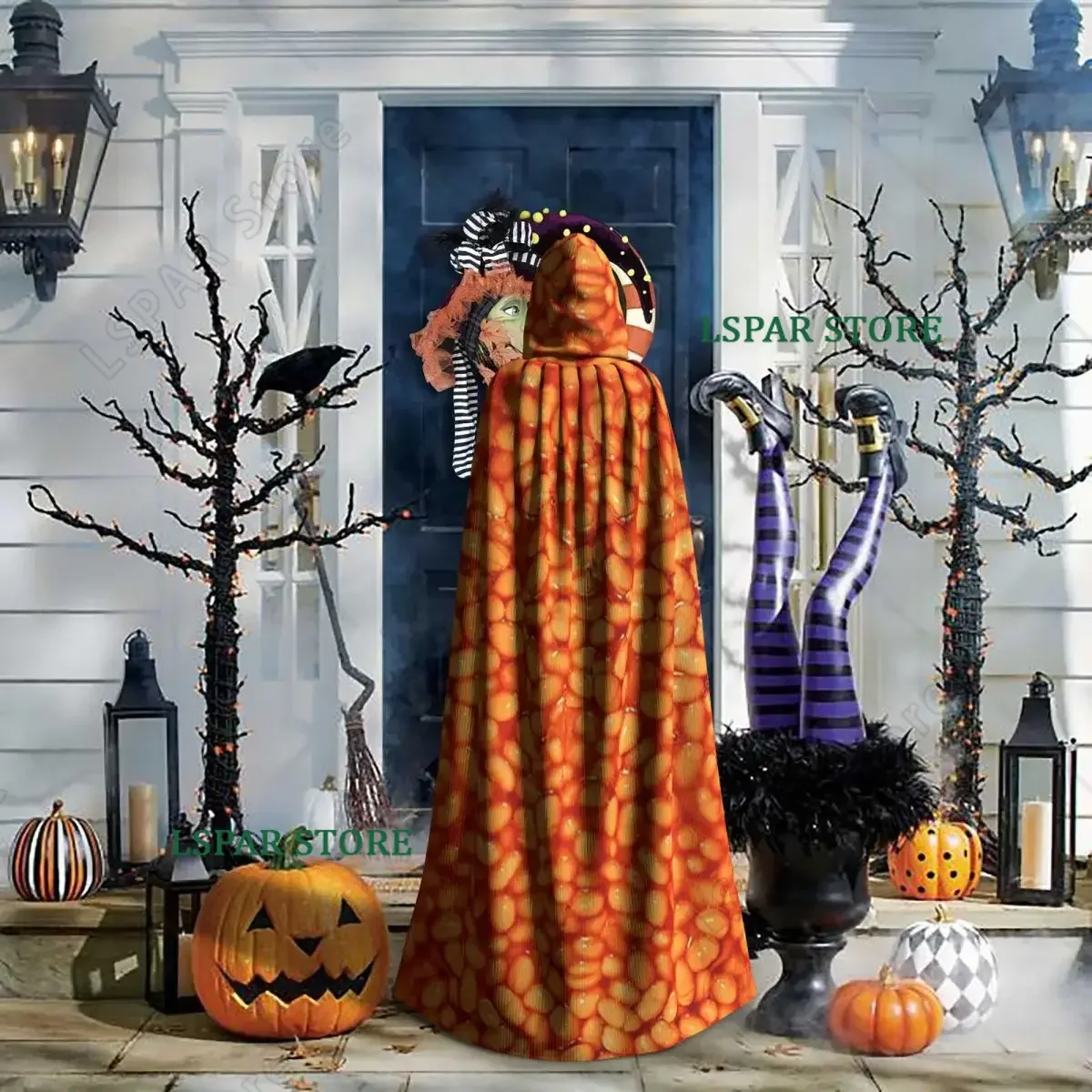 Baked Beans In Things Pattern Long Hooded Cloak Witch Medieval Costume Cosplay Cape HalloweenParty Adult Unisex - view 6