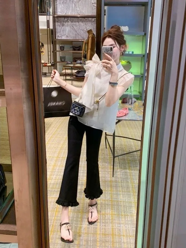 High Waist Elastic Slimming Nine-Tenths Wide Leg Pants Women's plus Size Black Wood Grain  Micro Flared Summer Trousers