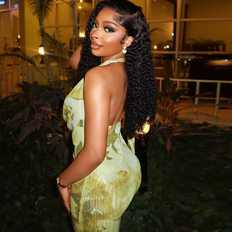 Siostra gwiazda 2025 damska świeża moda z nadrukiem Backless elegancka sukienka z rybim ogonem wąska sukienka z głębokim dekoltem w szpic