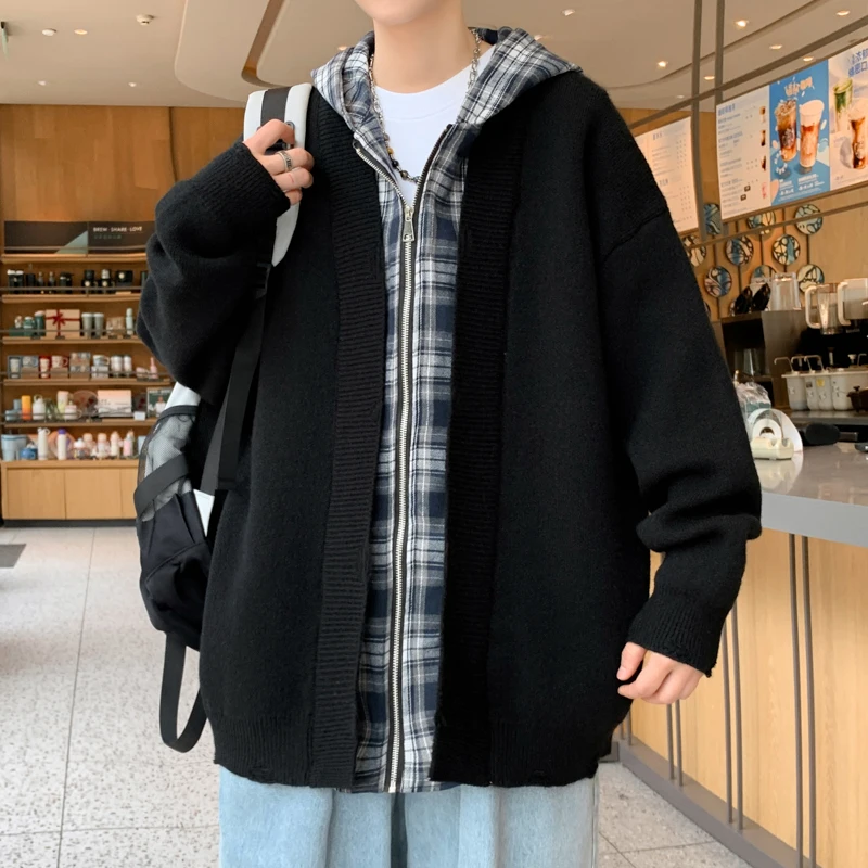 

Knitted Cardigan Men Fake Two-Piece Hooded Brand Men's Jacket 2025 Spring Autumn New Style Casual Wool Clothes Korean fashion