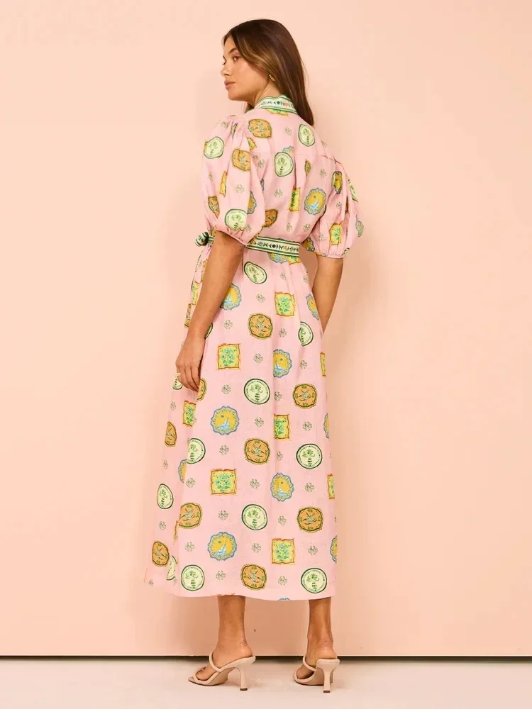 Robe mi-longue à manches courtes pour femmes, vintage, imprimé graphique, manches lanterne, mode décontractée, fête de vacances élégante, nouveau, 2024