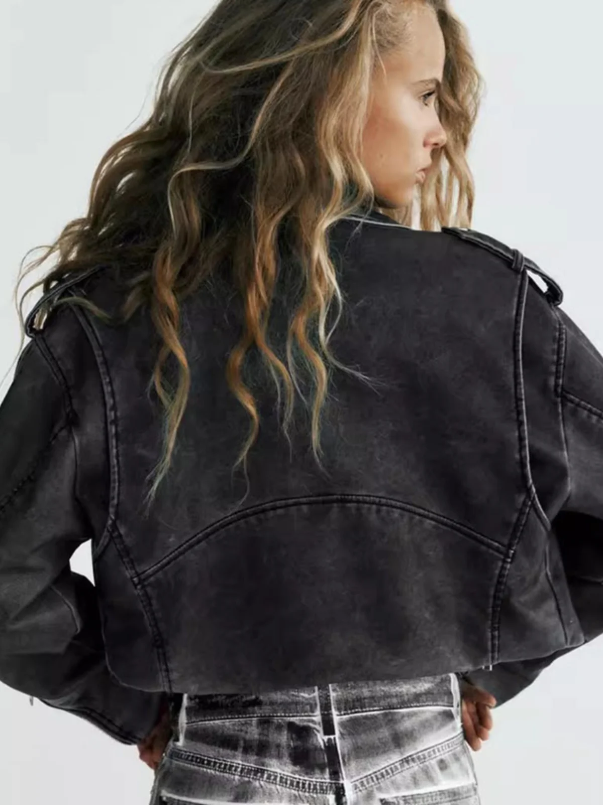 Sli usado em couro-look motociclista jaet feminino ort outerwear rua sle cor pura outono faion 2023 ajuste solto