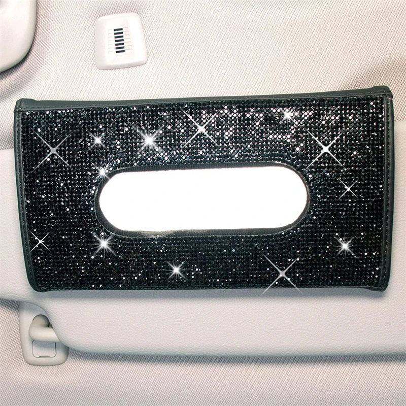 Car Sun Visor Tissue Box Holder Bling Crystals Cover Case Clip PU Leather Backseat Tissue Case Car Accessories for Women