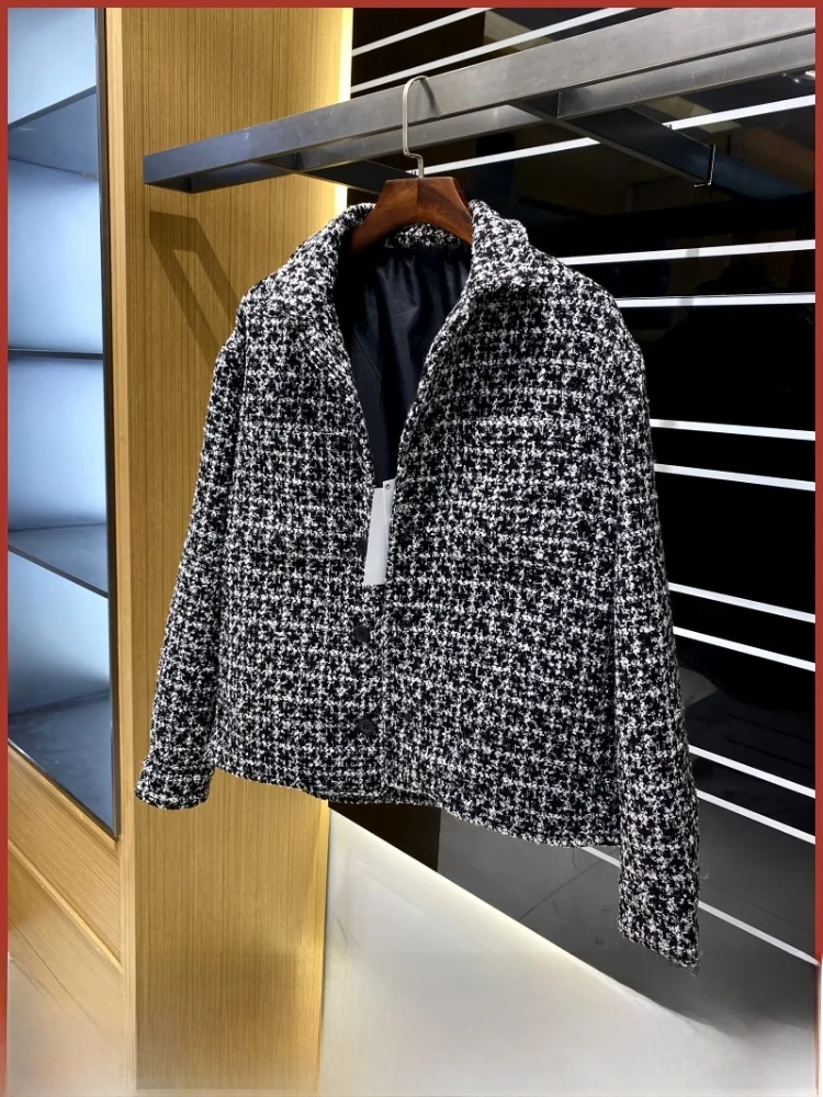 

Spani Dyed to Match Plaid Texture Long Sve irt Sle Collar Jaet Coat for Autumn Winter Youth Faion Stand...