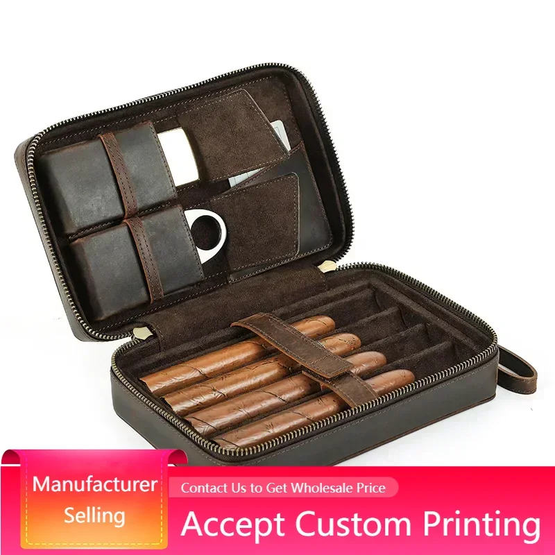 Cigar Humidor Portable Travel Case Luxury Coffee Leather 4 Holder Cigar Humidor Case Portable Wristlet Travel Cigar Humidor Bag