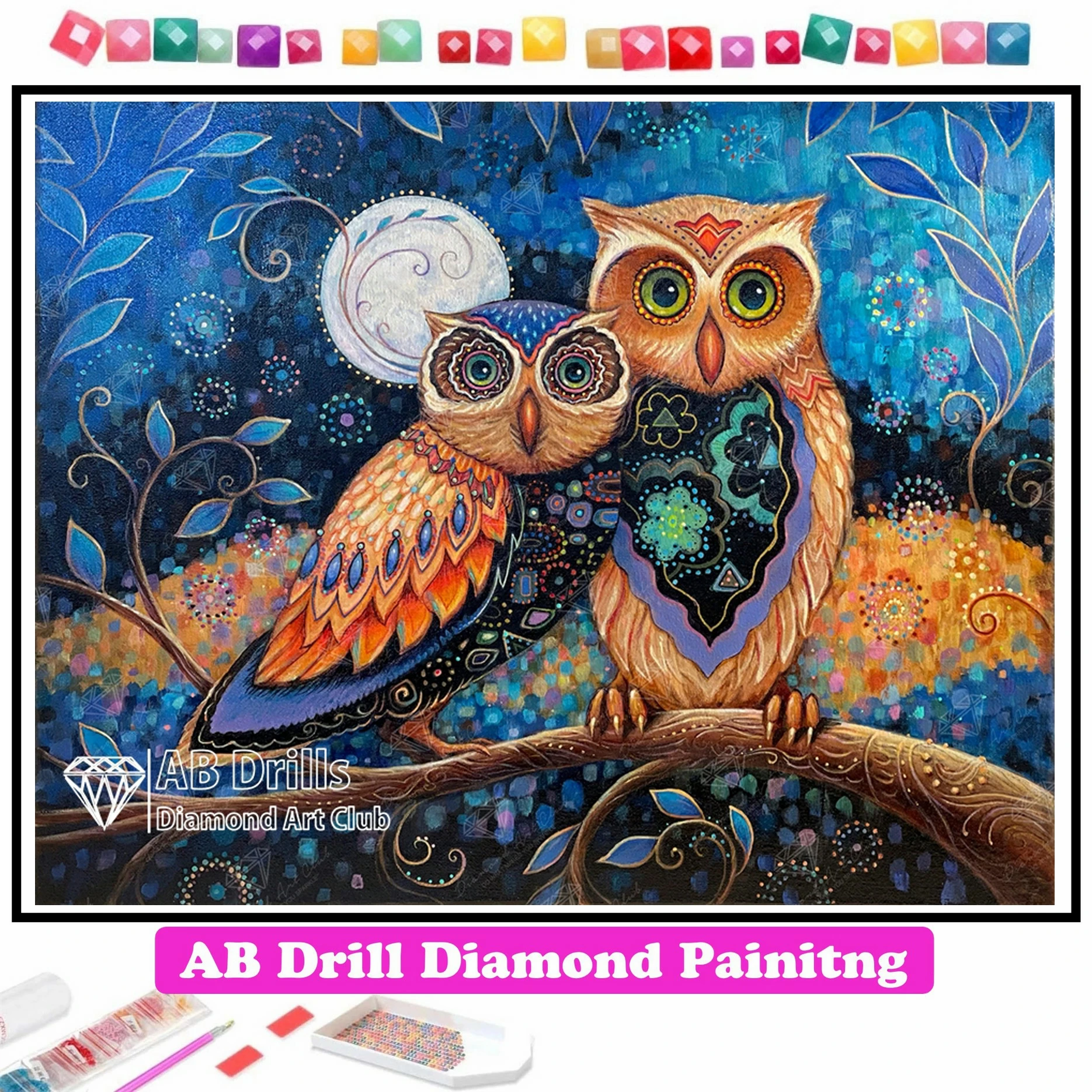 Owl Night AB Drill Diamond Painting Fantasy Animal Mosaic Cross Stitch Embroidery Handmade Rhinestones Home Decor New Arrival