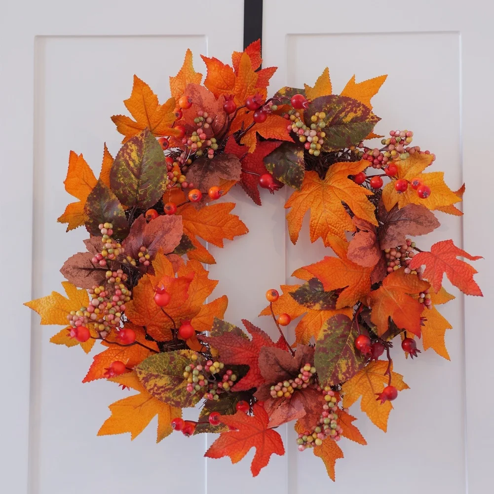 

Осенний венок 50 см с осенними листьями и ягодами для двери или стены, сезонное украшение для улучшения осенней атмосферы