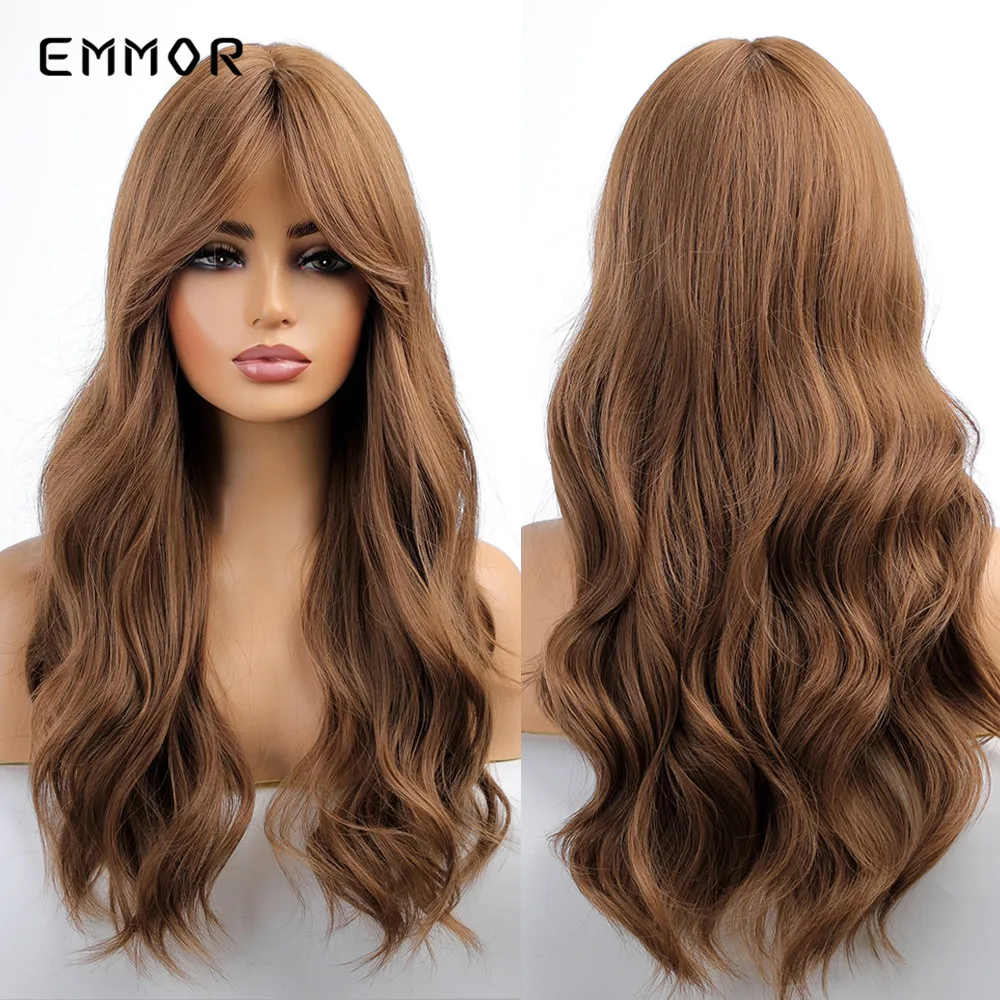 Emmor Synthetic Long Wavy Wigs with Bangs Cosplay Natural Ombre Brown to Dark Blonde Hair for Women High Temperature Fiber Wig