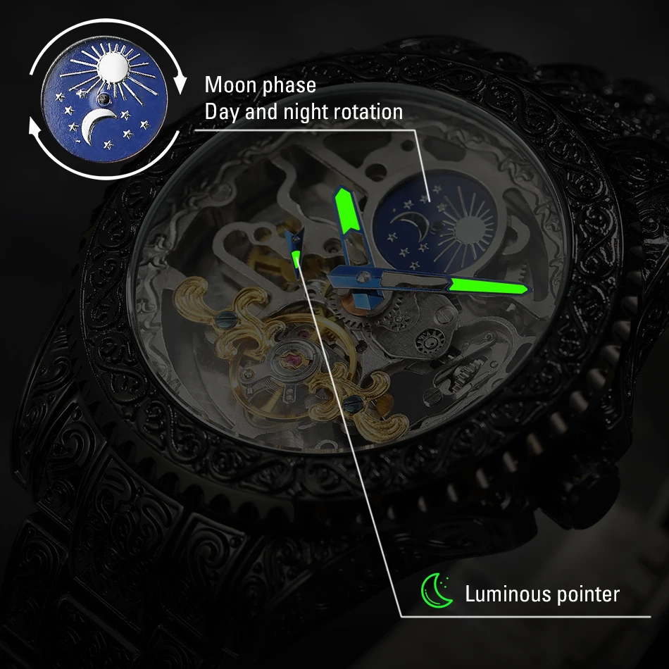FORSINING Vintage Carving Mens Watch Automatic Skeleton Mechanical Luminous Luxury Stainless Steel Fashion Moon Phase Wristwatch