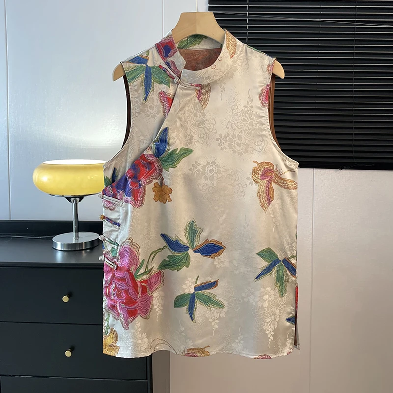 

New Chinese Sle Eastern Retro Women's Embroidered Satin Surface Patterned Button up Top Improved Design