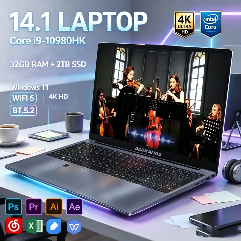 Intel I9-10980HK 14.1 Laptop,32GB RAM 2TB NVMe SSD,Win11 Pro,WiFi6 BT5.2 4K Screen,Thin Notebook for Gaming Design Office Work