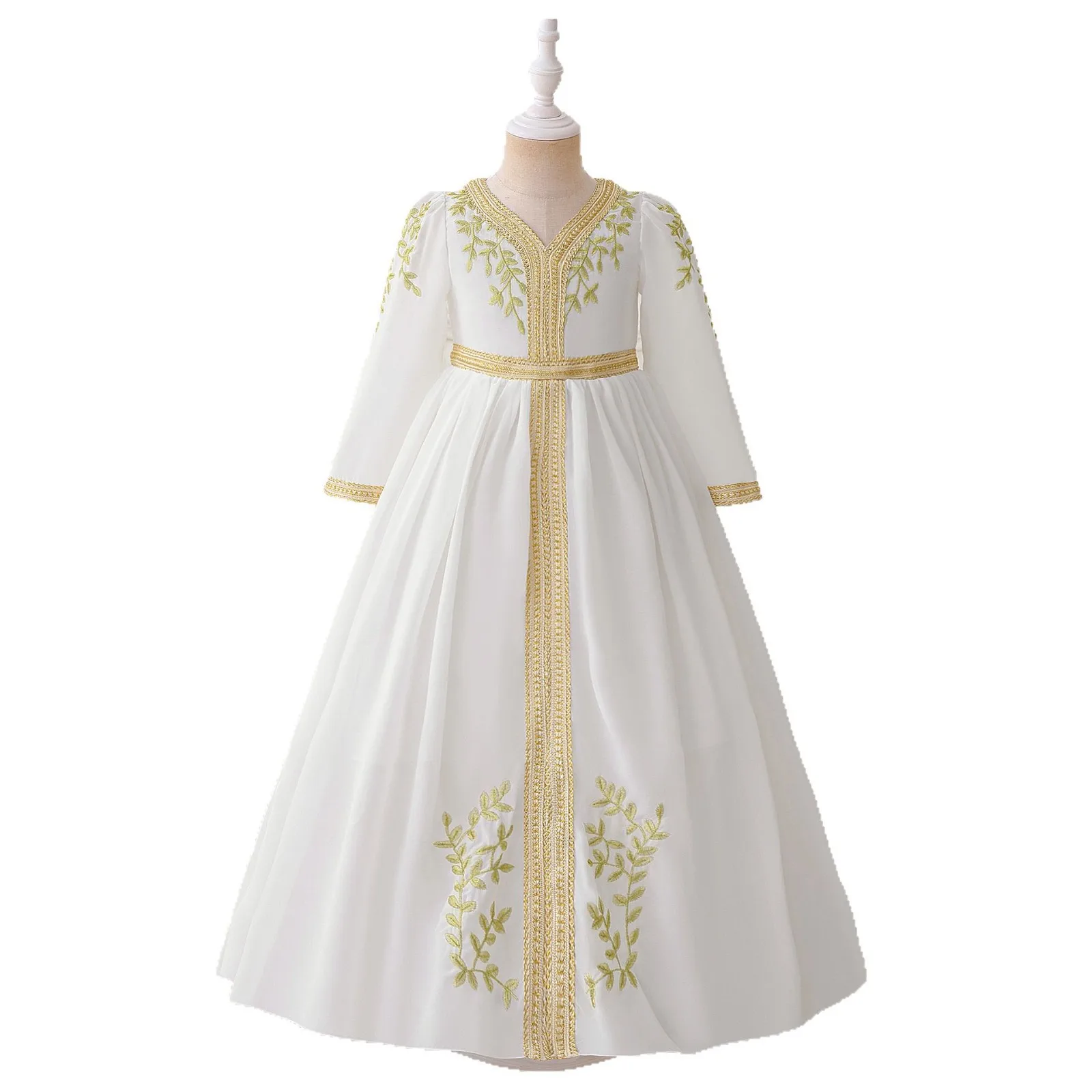 

2025 Girl Fashion Muslim White Flower Embroidery Party Dress Princess Gown Kids Floral Holiday Costumes Girl Birthday Carnival