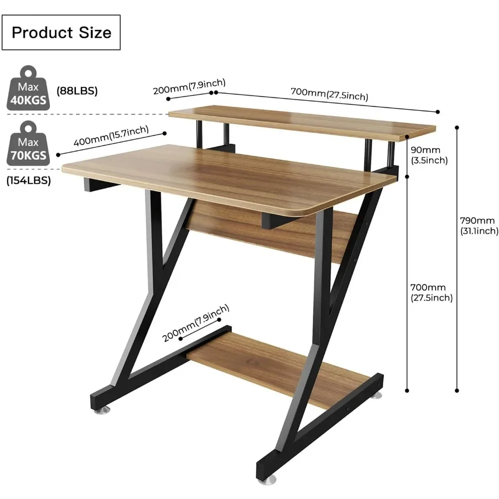 Computer Desk, 27.5 inch Compact Desk with Monitor Shelf and Bottom Storage Shelves, Z Shaped Small Computer Desk