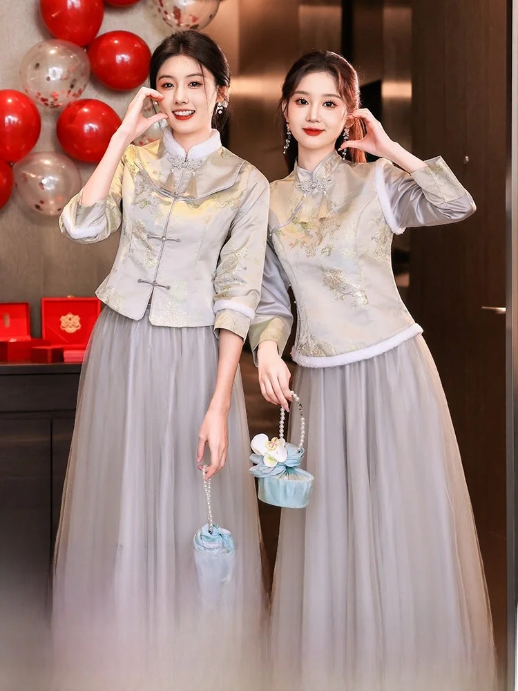 

New Chinese Sle Maids Dr Women's Long Sve Warm Ele Slimming Maids Skirt Vintage Sle Wedding Gown