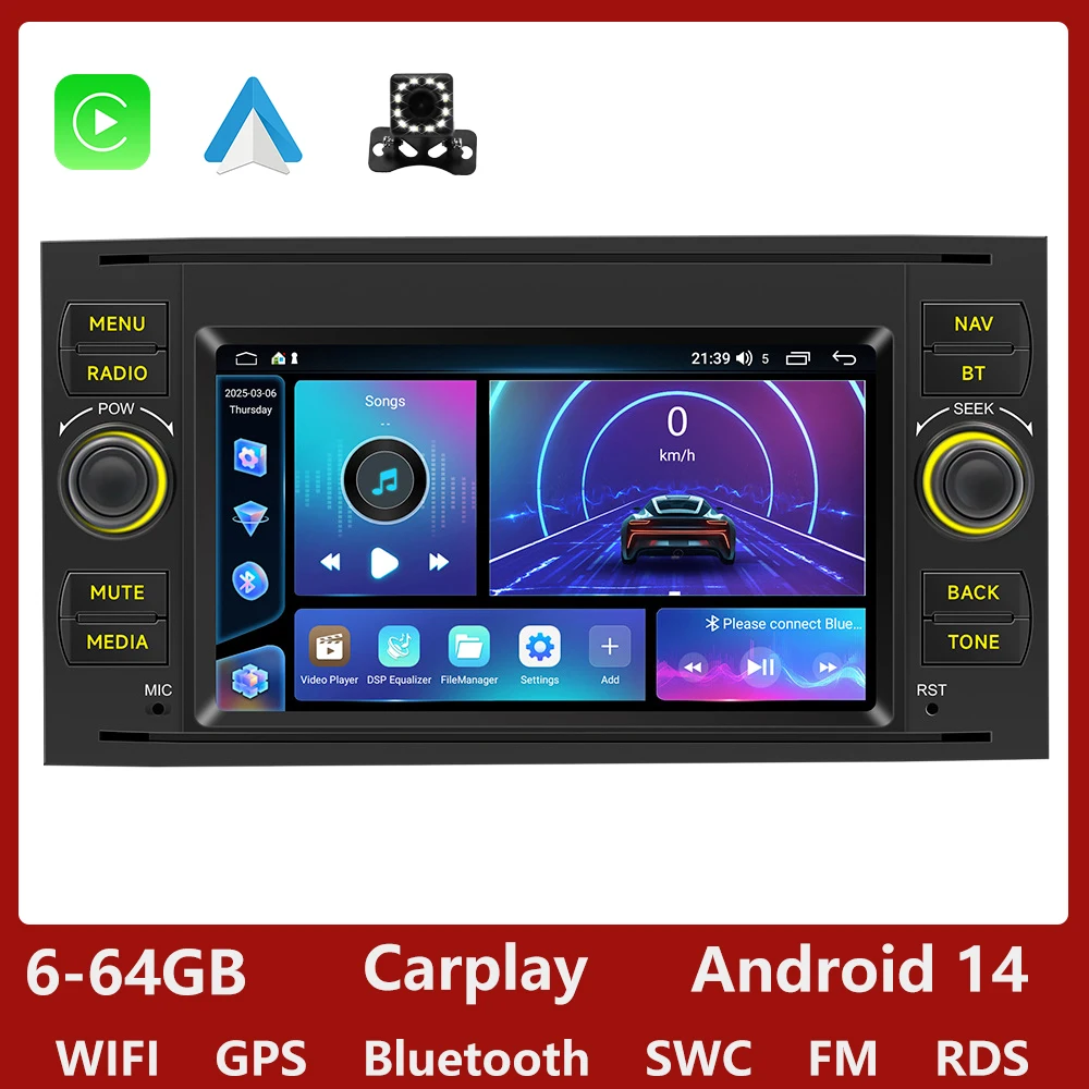 GEARELEC Android 14 Autoradio Carplay voor Ford Focus Transit Fiesta Galaxy Mondeo Fusion Kuga C-Max Carplay Draadloos Android Auto 7 Inch 2 Din Radio met GPS Bluetooth WiFi RDS FM MIC