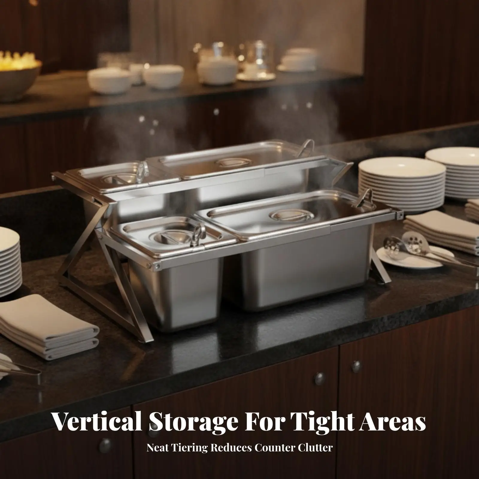 Double-Layer Condiment Rack with Lidded Food Pans Freestanding Stainless Steel