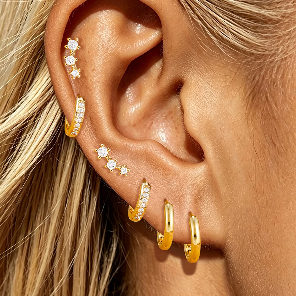 3er/6er-Set modische Kreisförmige Zirkon-Creolen für Damen, 14K vergoldeter Edelstahl, klassische Huggie-Ohrringe, Schmuck